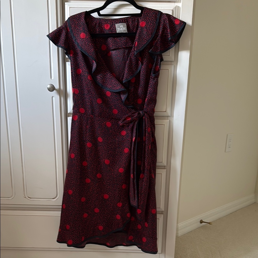Hi There by Karen Walker Elegant Black and Red Polka Dot Wrap Dress